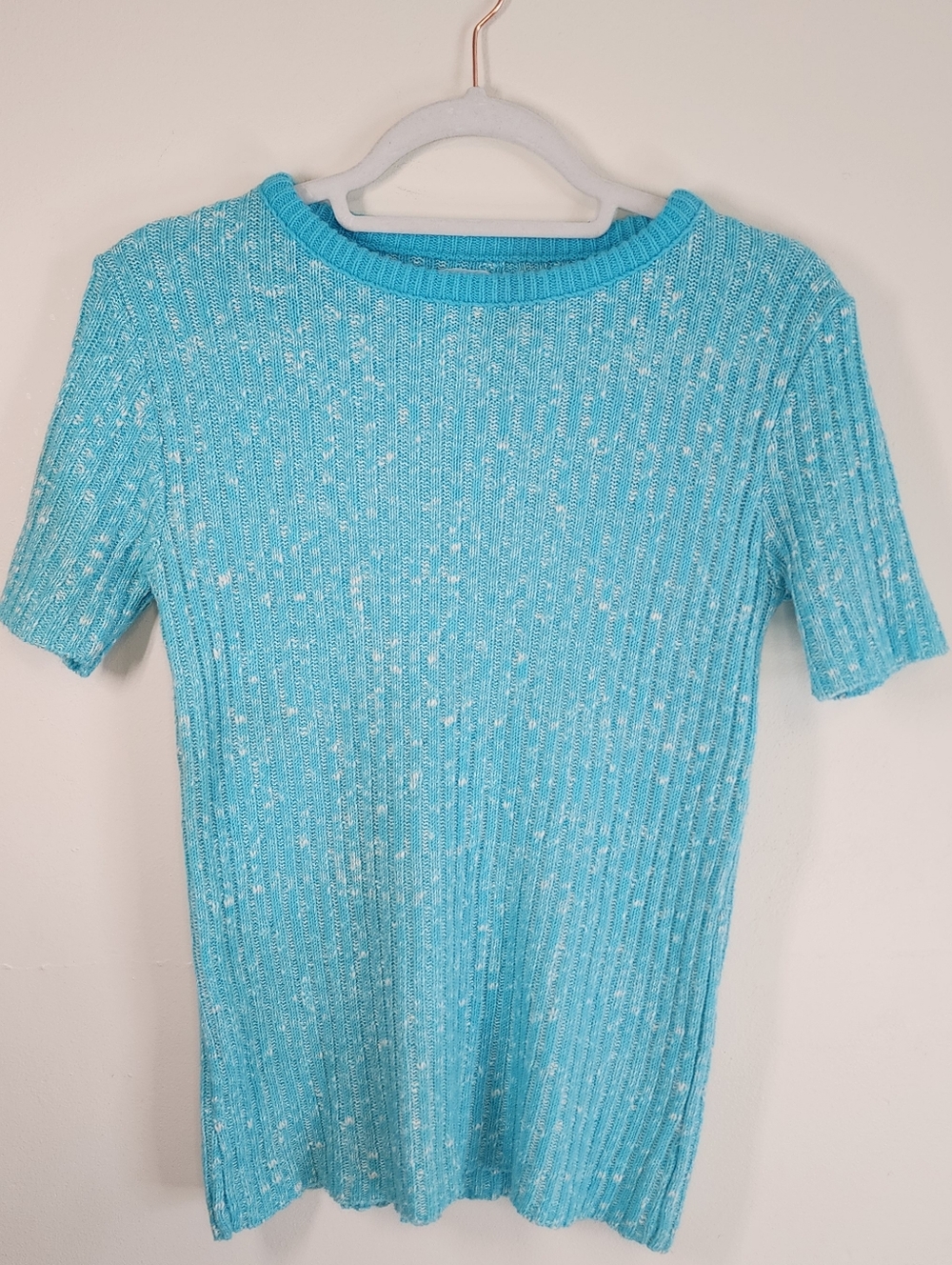 Vintage 1950s Style Tight Knit Sweater Top Size XS Blue White Short Sleeve Retro